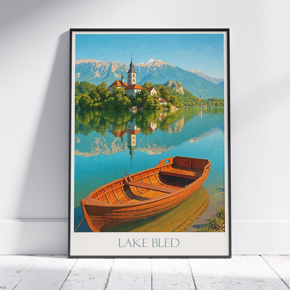 Lake Bled Slovenia Island Church Wooden Boat Vintage Travel Poster