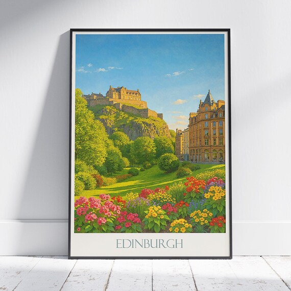 Edinburgh Scotland Castle Travel Poster Princes Gardens Flowers Scene