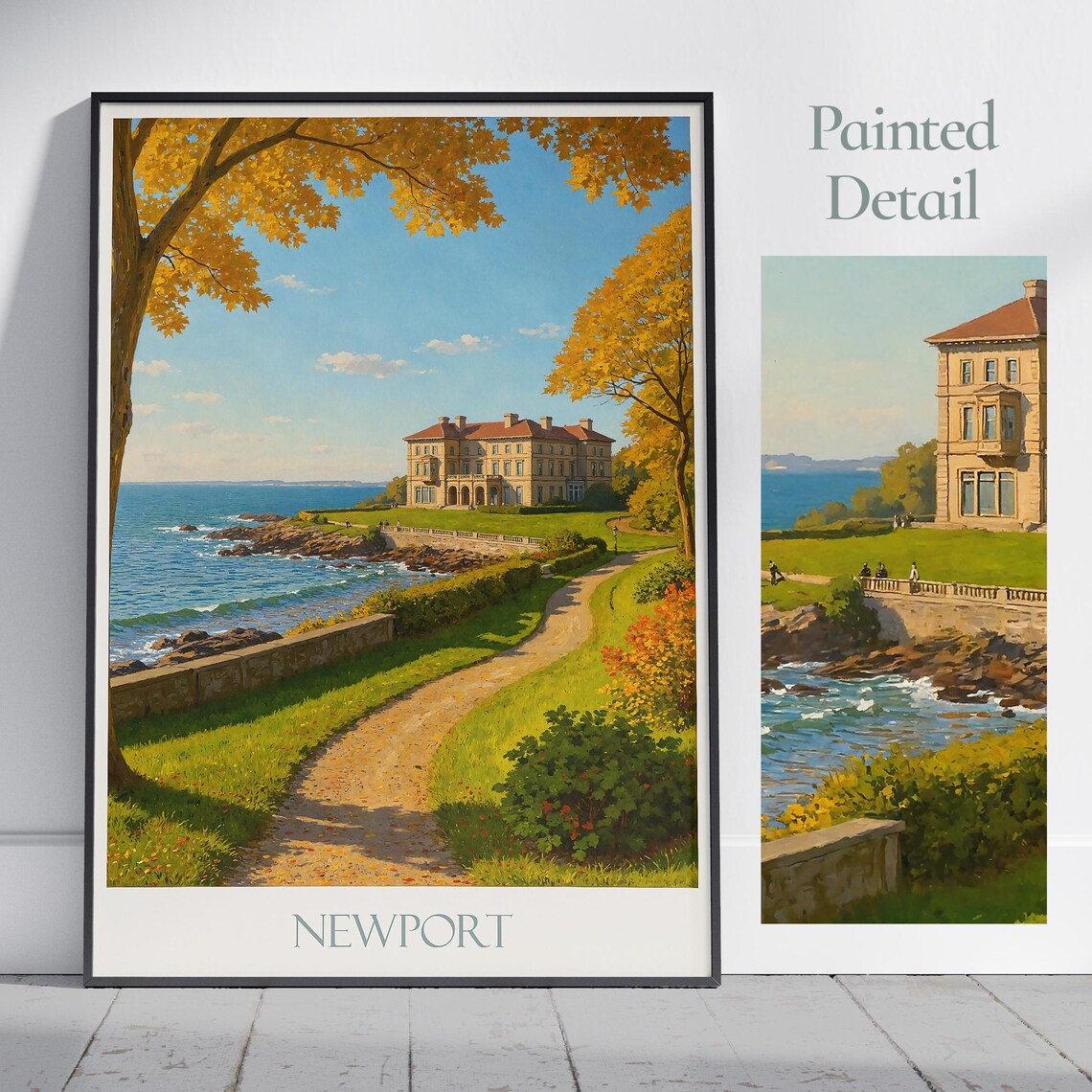 Newport Rhode Island Cliff Walk Mansion Coastal Autumn Painted Poster