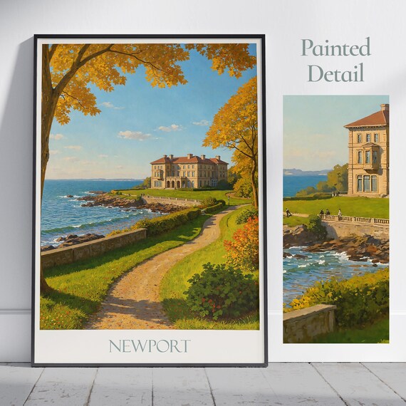 Newport Rhode Island Cliff Walk Mansion Coastal Autumn Painted Poster