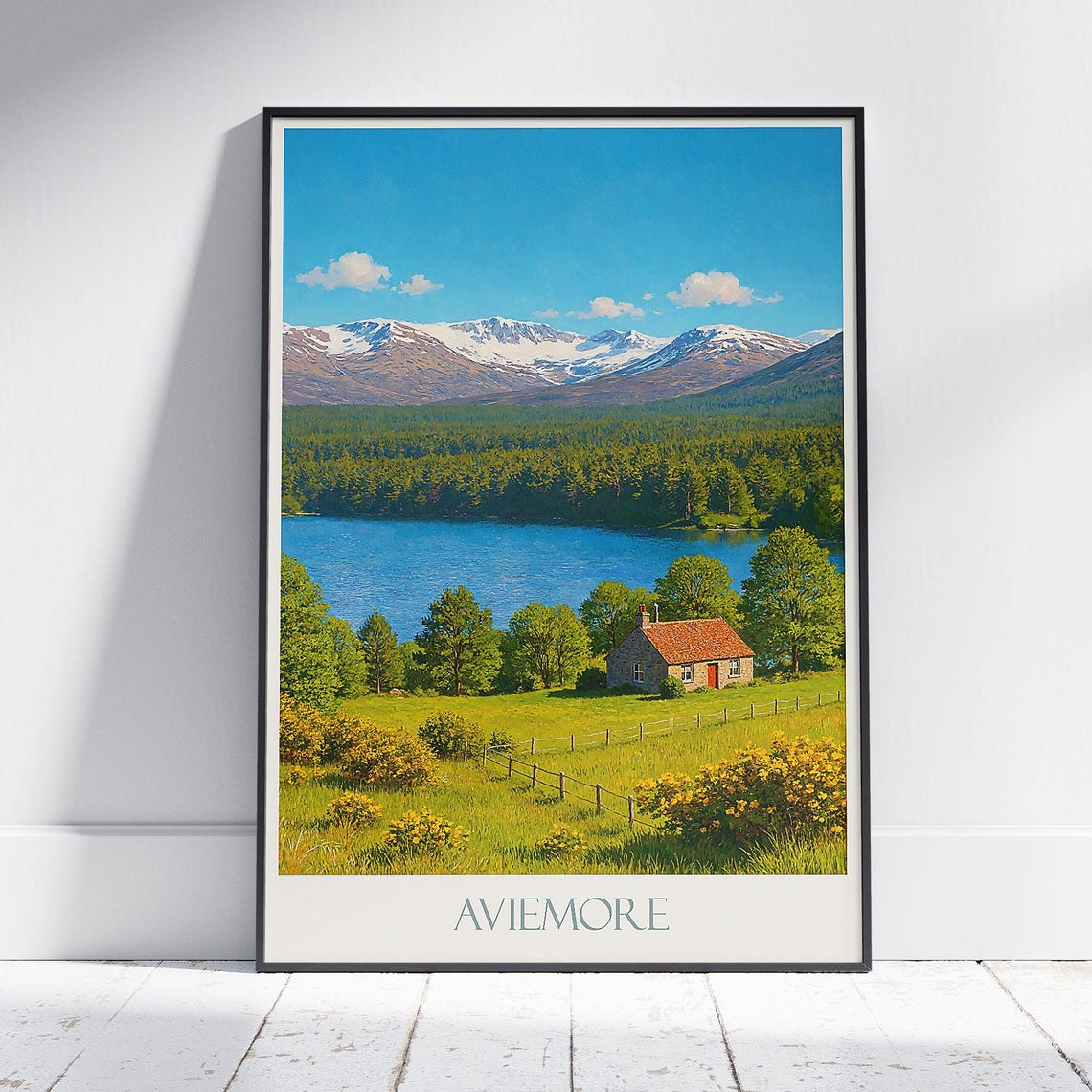 Aviemore Stone Cottage Snow Capped Mountains Meadow Travel Poster