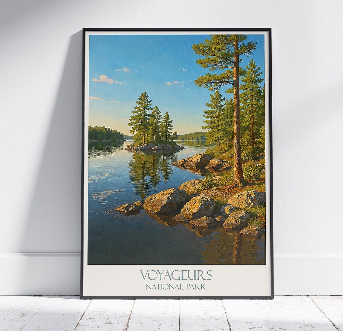 Voyageurs National Park Calm Lake and Tall Pines Travel Poster