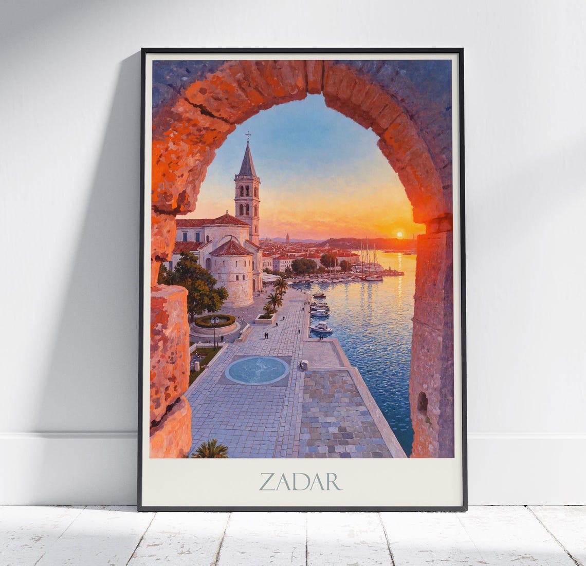Zadar Croatia Sunset Harbor View Through Stone Arch Travel Poster