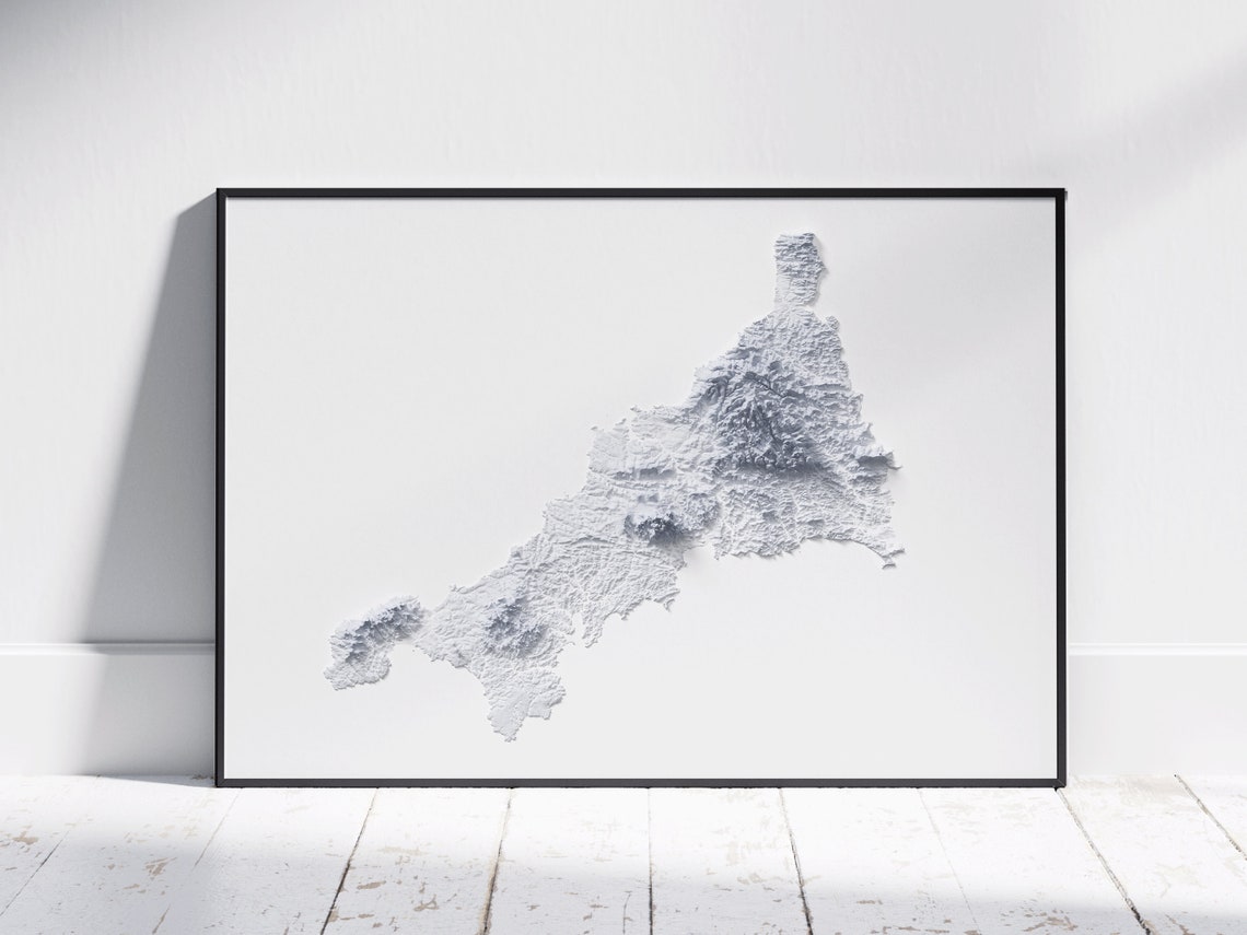 Cornwall England Minimalist White Topographic Relief Map Print