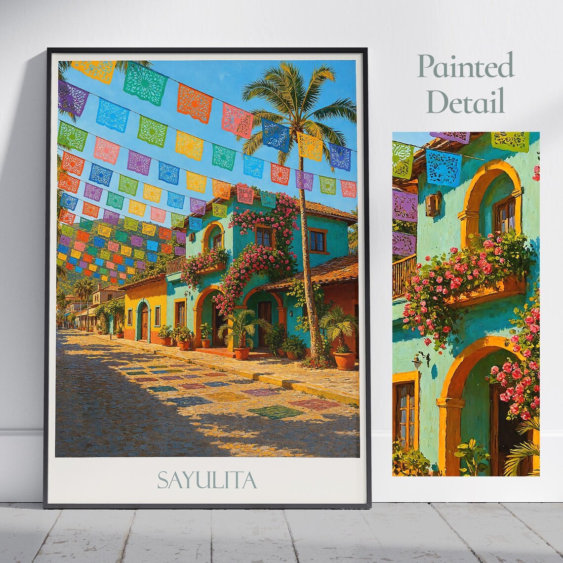 Sayulita Mexico Colorful Street Travel Poster Papel Picado Painted Art