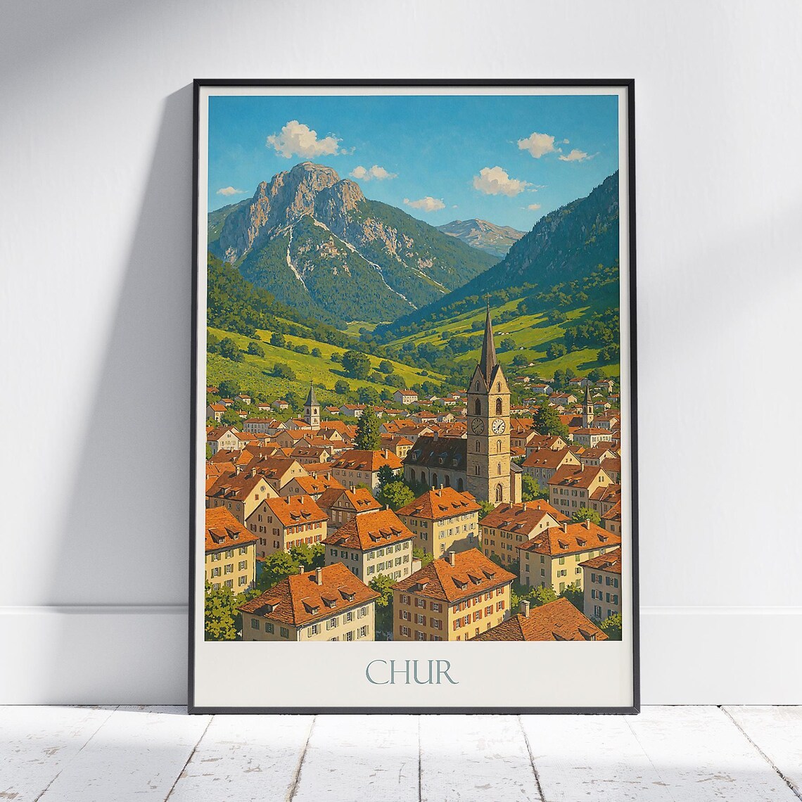 Chur Switzerland Alpine Old Town Church Clock Tower Mountain Travel Poster