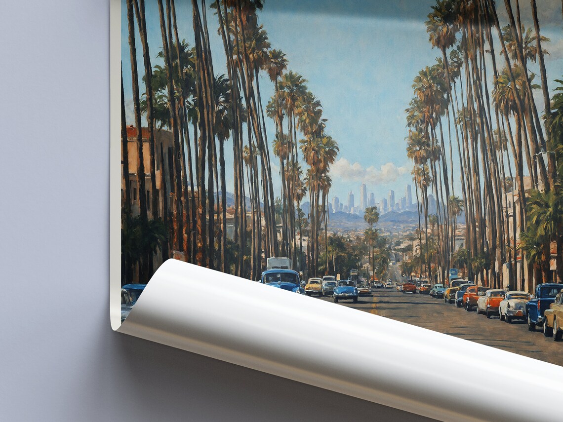 Los Angeles California Palm Lined Street Classic Cars Skyline Poster - Image 4
