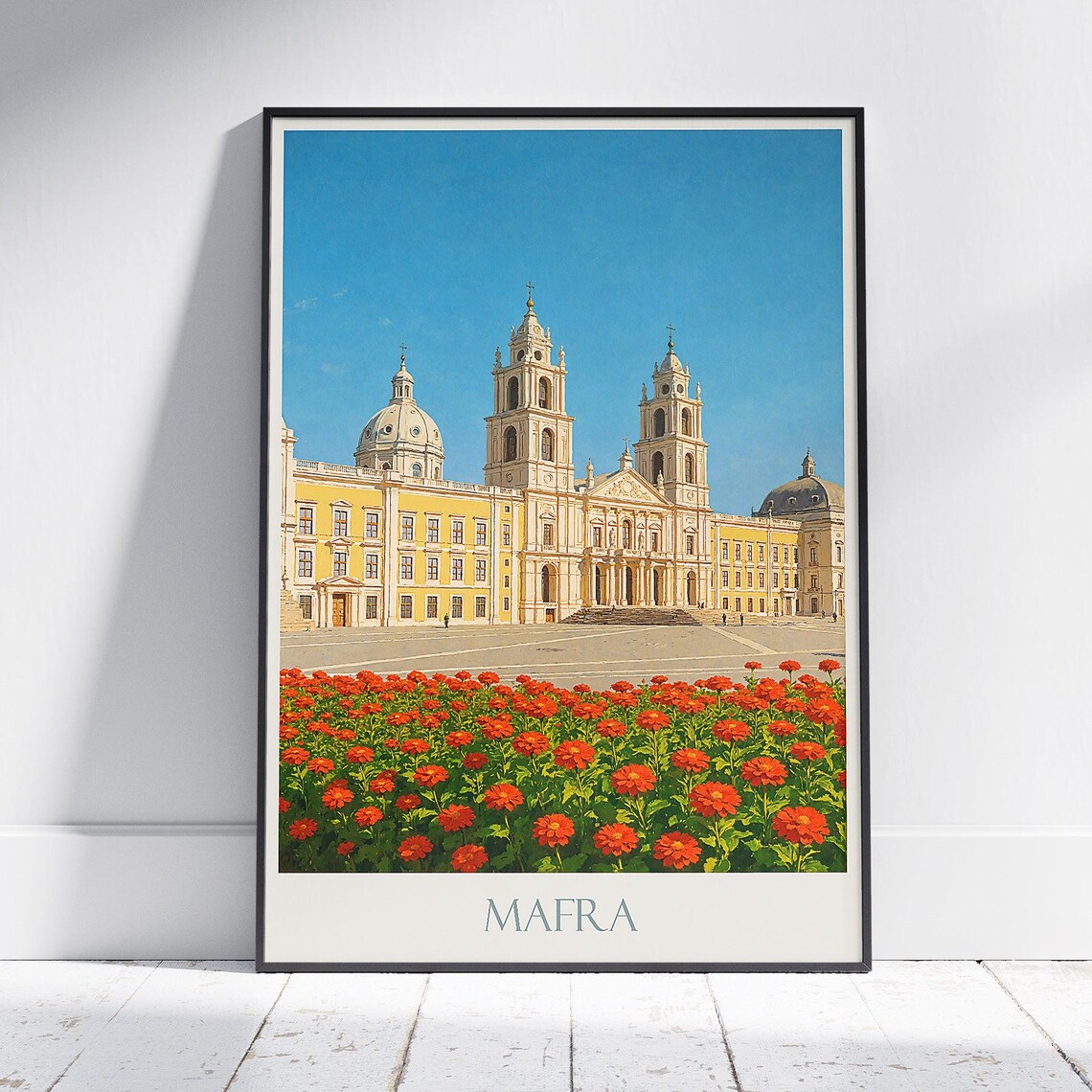 Mafra Portugal National Palace Red Flower Garden Vintage Travel Poster