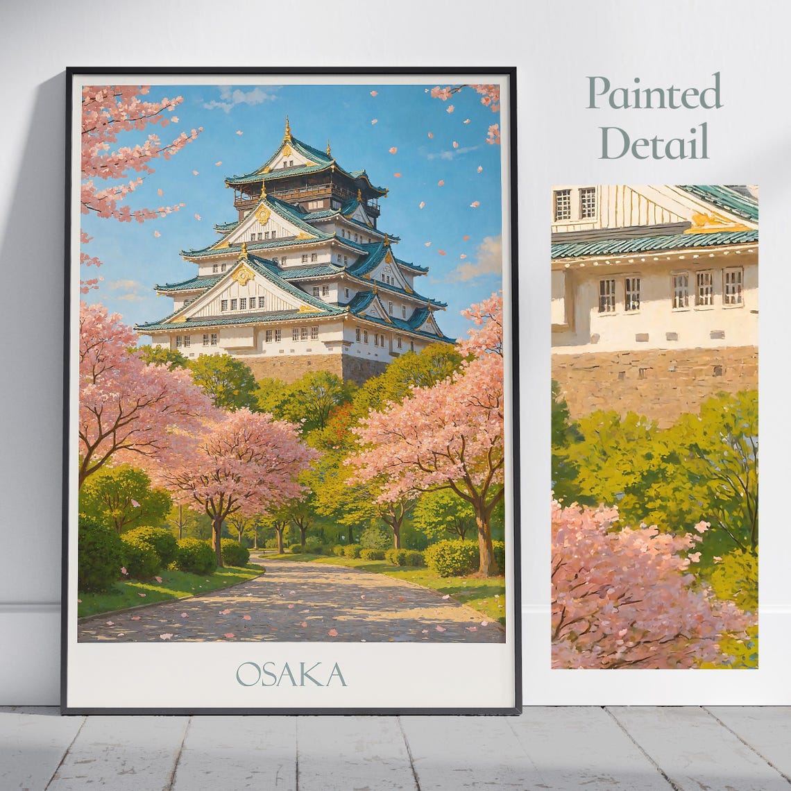 Osaka Japan Cherry Blossom Castle Painted Travel Poster Spring Poster