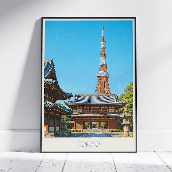 Tokyo Tower Above Temple Gate Courtyard Bold City Contrast Poster
