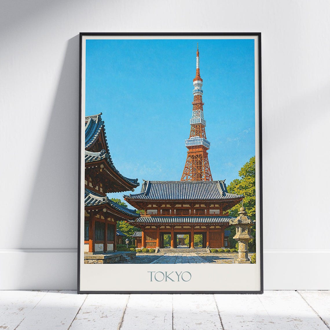 Tokyo Tower Above Temple Gate Courtyard Bold City Contrast Poster