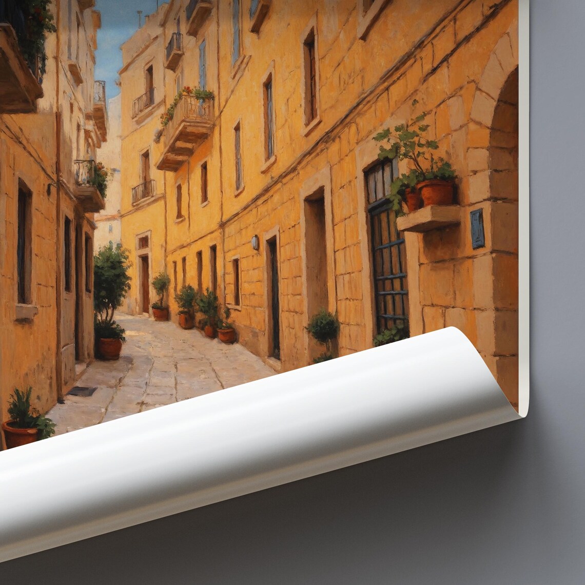 Malta Old Town Golden Stone Alley Blue Shutters Travel Poster - Image 3
