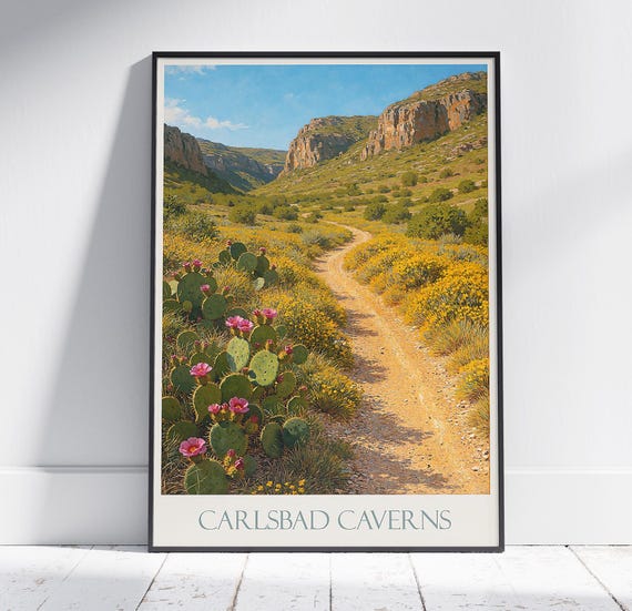Carlsbad Caverns Travel Poster New Mexico Desert Landscape Print Southwest Painted Wall Art Framed Personalized Vacation Gift