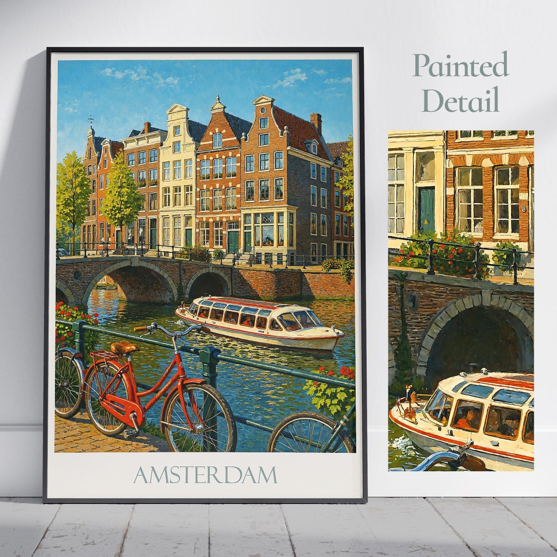 Amsterdam Travel Poster Canal City Art Print Netherlands Painted Wall Decor Iconic Bicycle Home