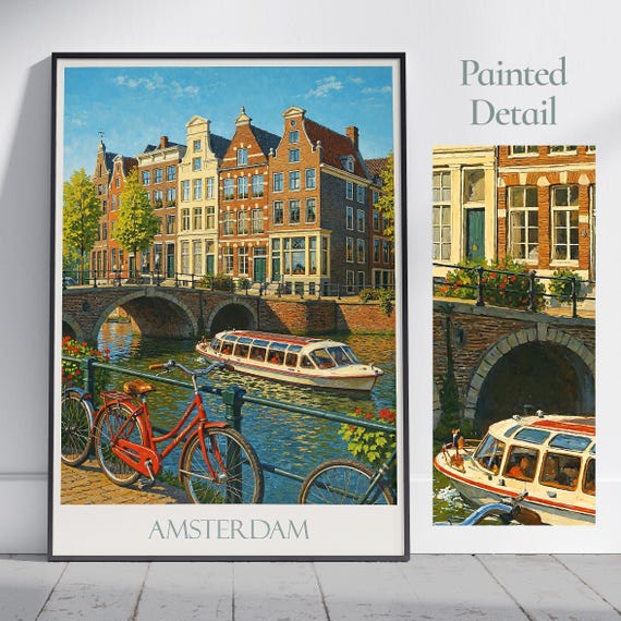 Amsterdam Travel Poster Canal City Art Print Netherlands Painted Wall Decor Iconic Bicycle Home