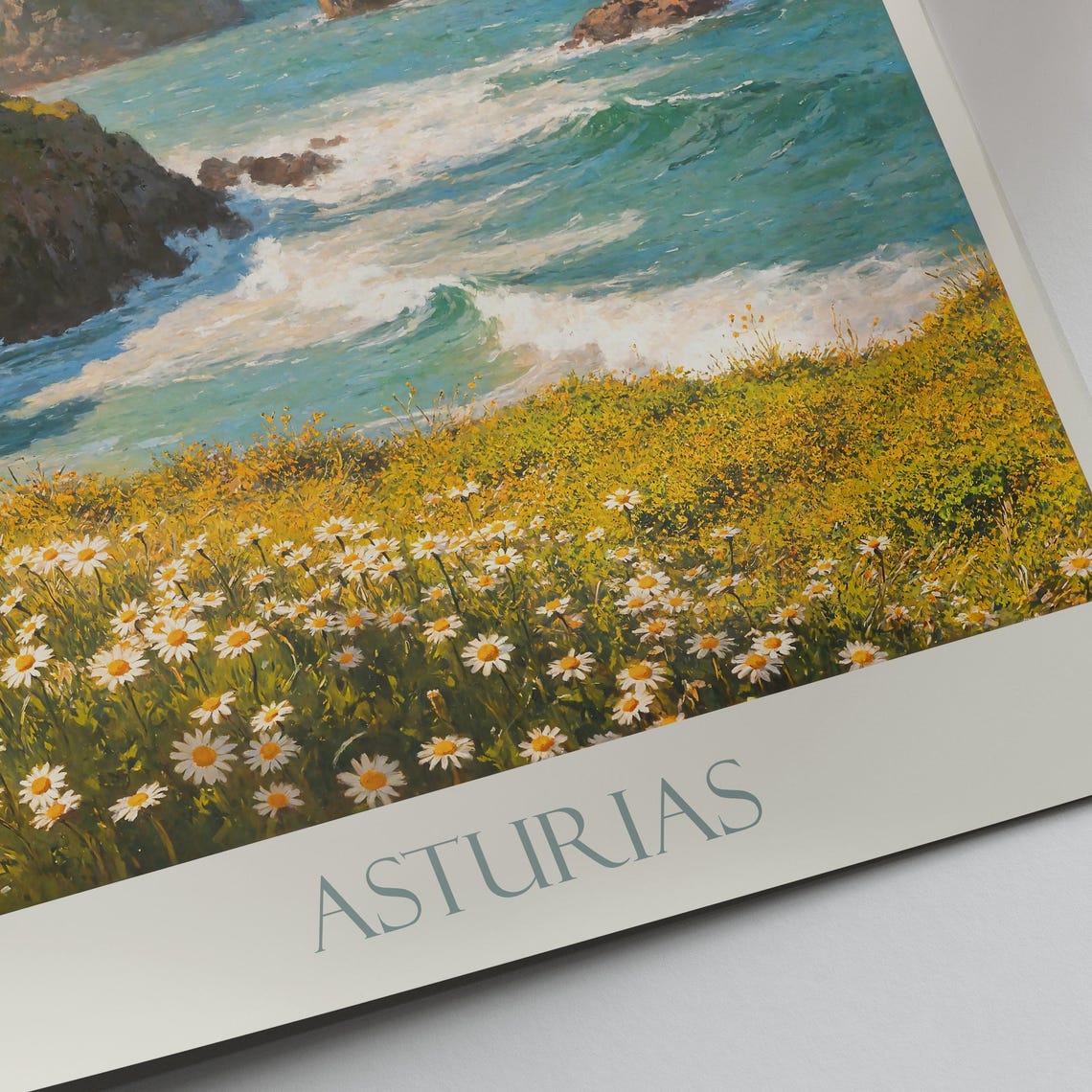 Asturias Spain Painted Travel Poster Rugged Coast Cliffs Wildflowers - Image 2