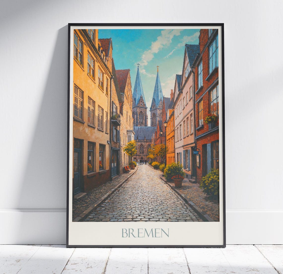 Bremen Germany Old Street Painted Travel Poster Cathedral Spires