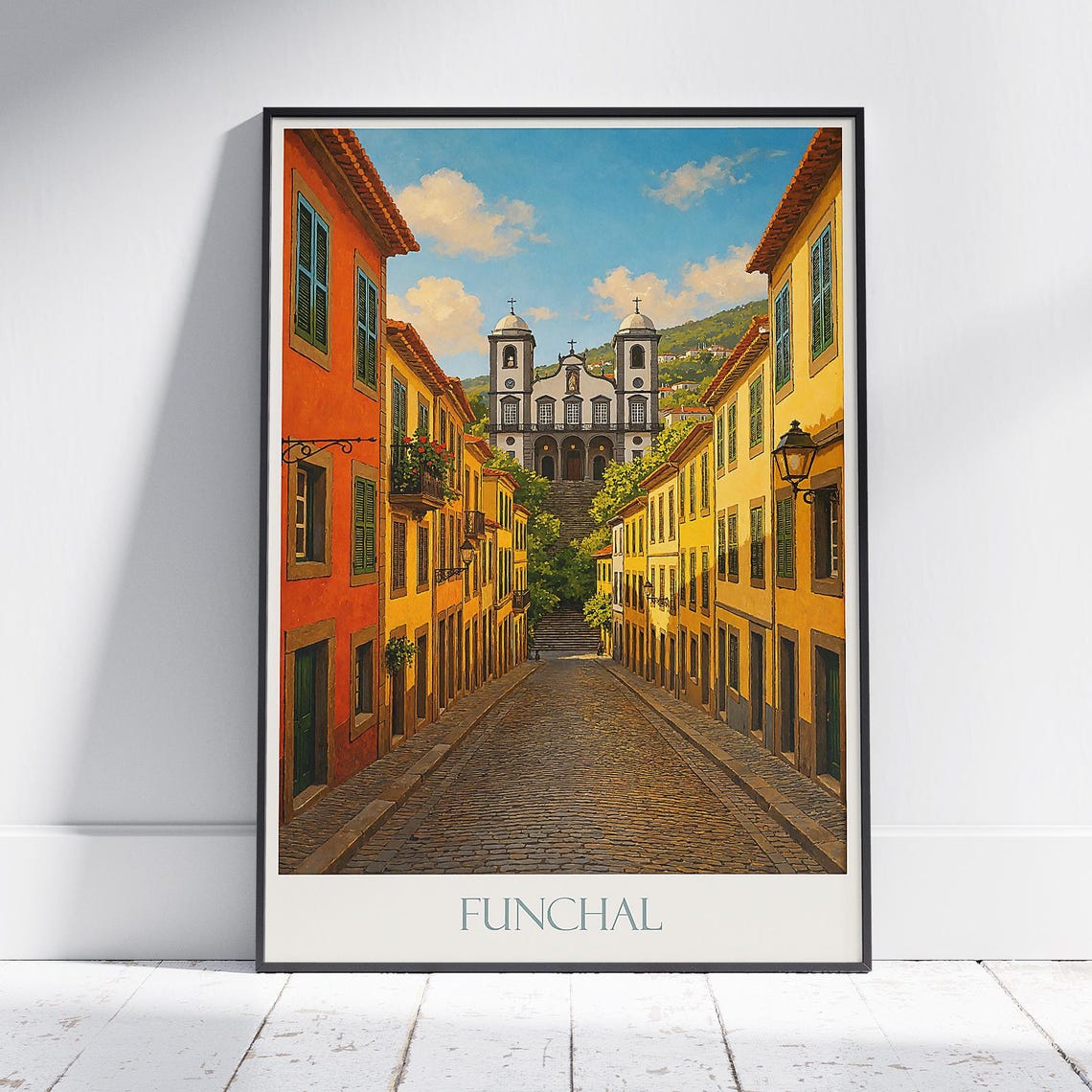 Funchal Travel Poster Madeira Island Portugal Art Print Our Lady Of Monte Church Colonial Street Scene Wall Decor