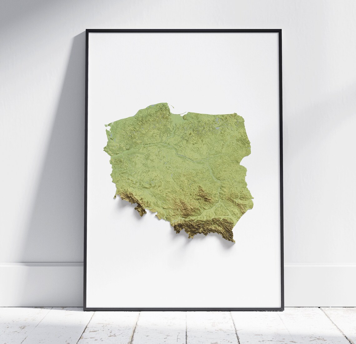 Poland Topographic Relief Map Green 3D Terrain Minimalist Wall Art