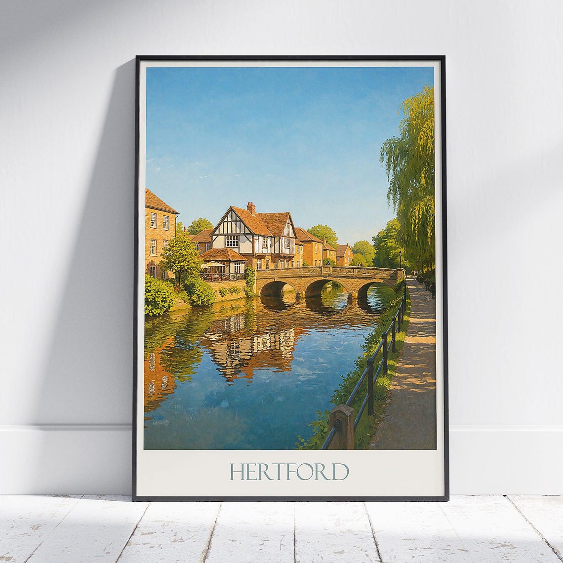 Hertford Tranquil River Bridge And Half Timbered Pub Town Poster