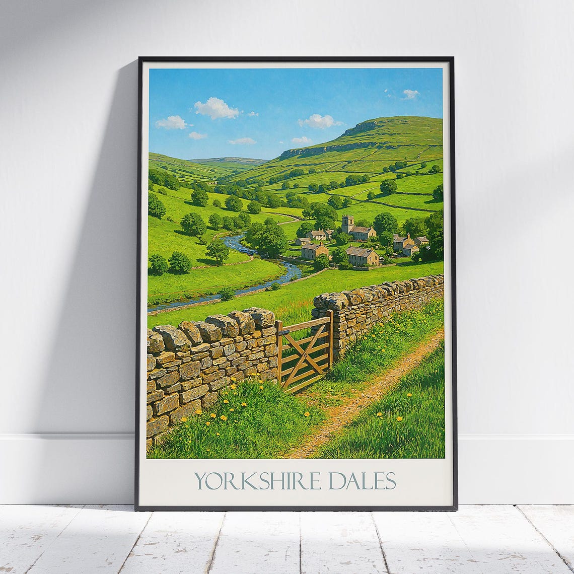 Yorkshire Dales Village River and Hills Dry Stone Gate Poster
