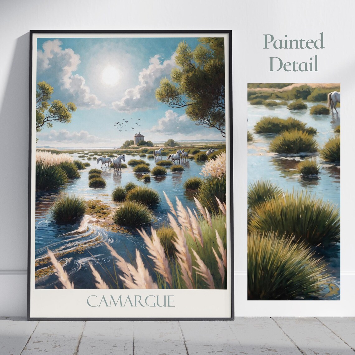 Camargue France White Horses Wetlands Painted Wildlife Nature Poster