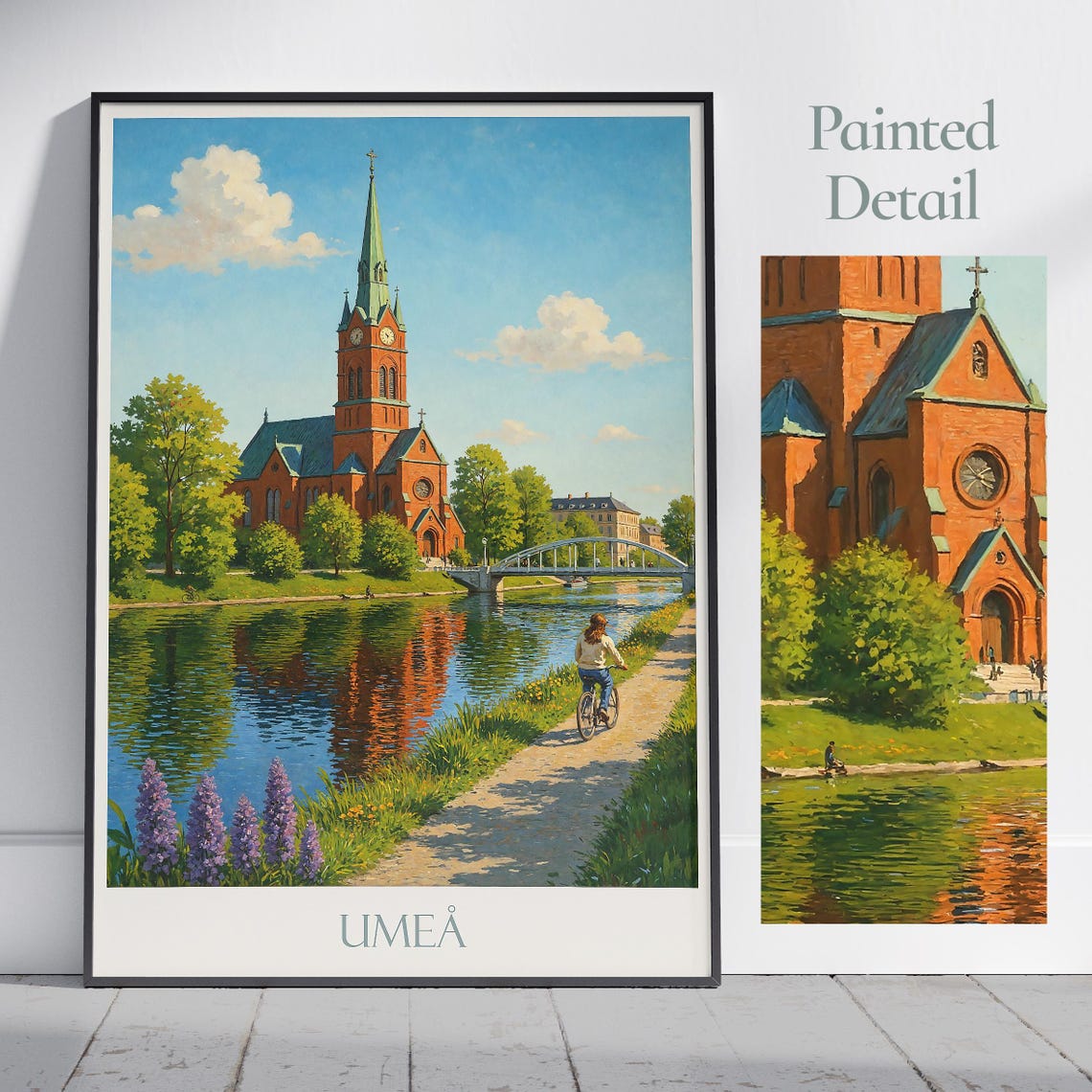 Umea Sweden Painted Brick Church River Summer Scenery Art Poster