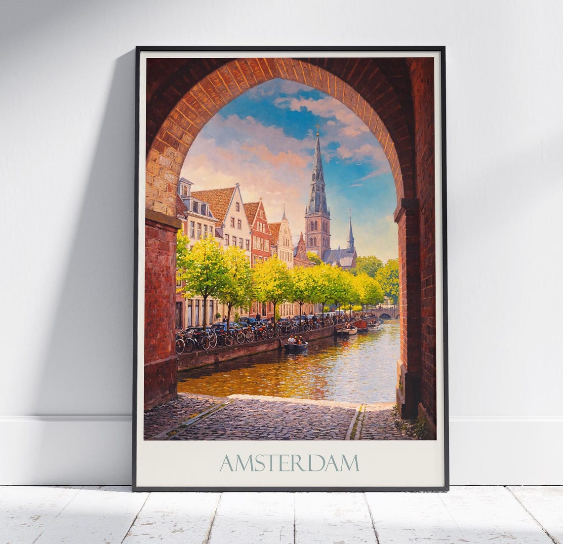 Amsterdam Canal Boats Church Spire Through Brick Arch Travel Poster