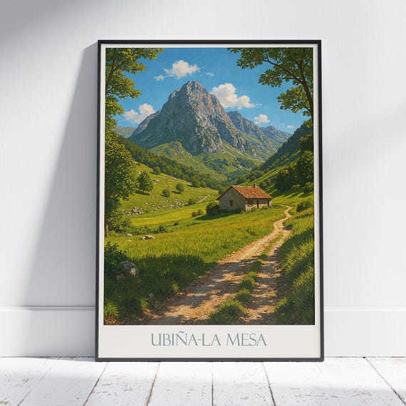 Ubiala Mesa Travel Poster Spain Mountain Landscape Art Print Rustic Cabin Nature Decor Asturias Hiking Gift