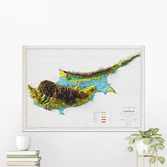 Vintage Cyprus Geological Relief Map Reproduction Atlas Wall Art
