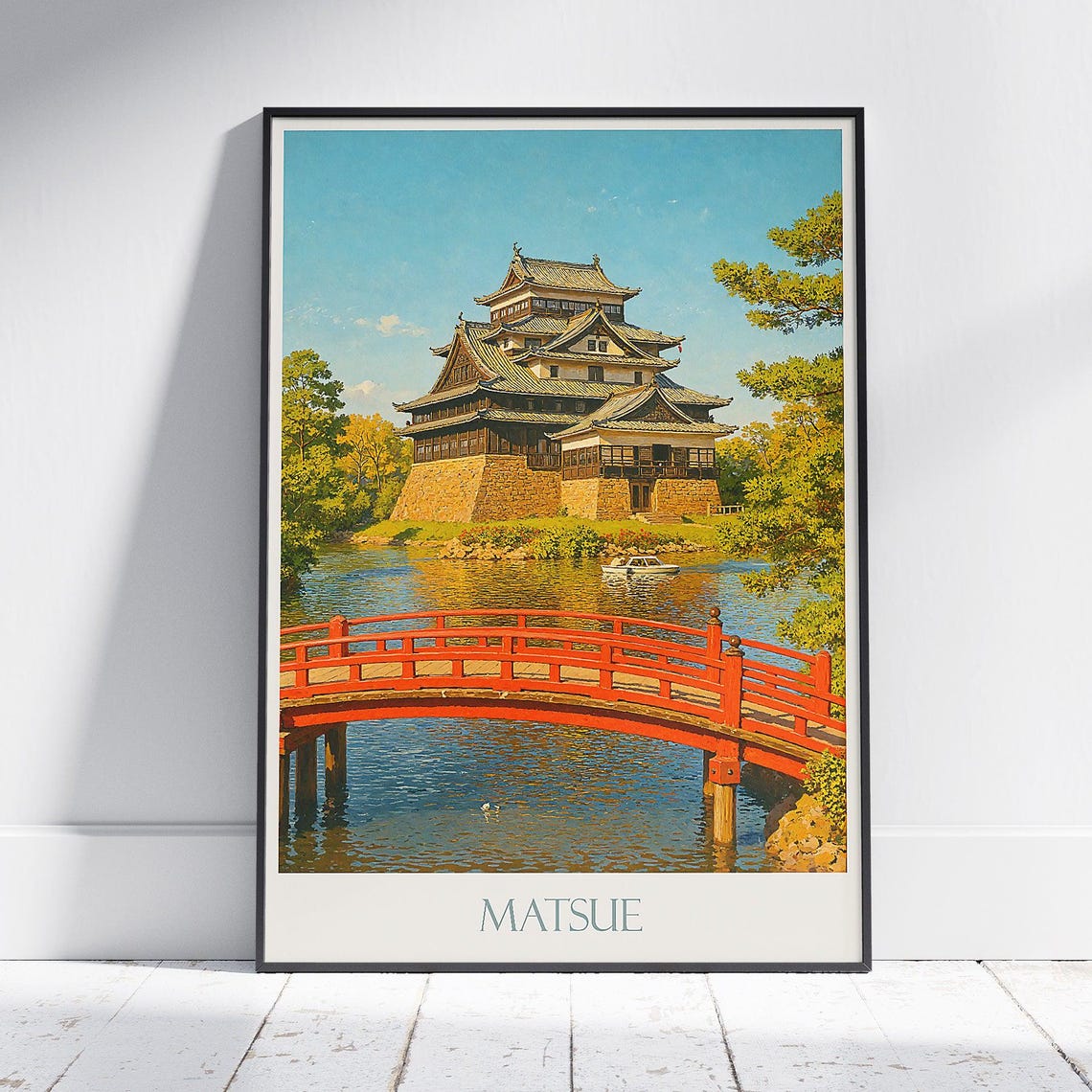 Matsue Castle Red Bridge Over Moat Japan Vintage Travel Poster