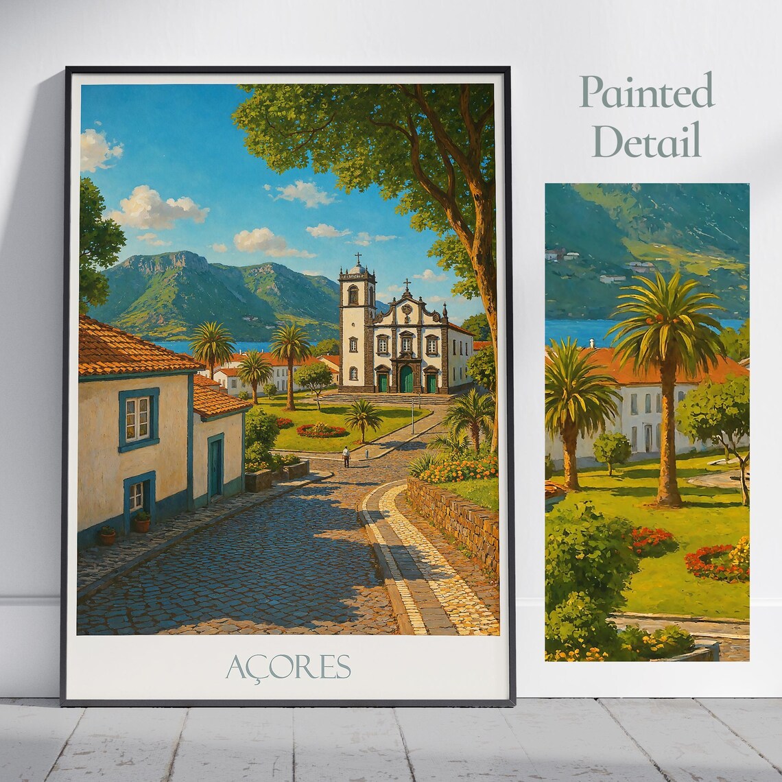 Azores Island Church Square Cobblestone Painted Travel Poster