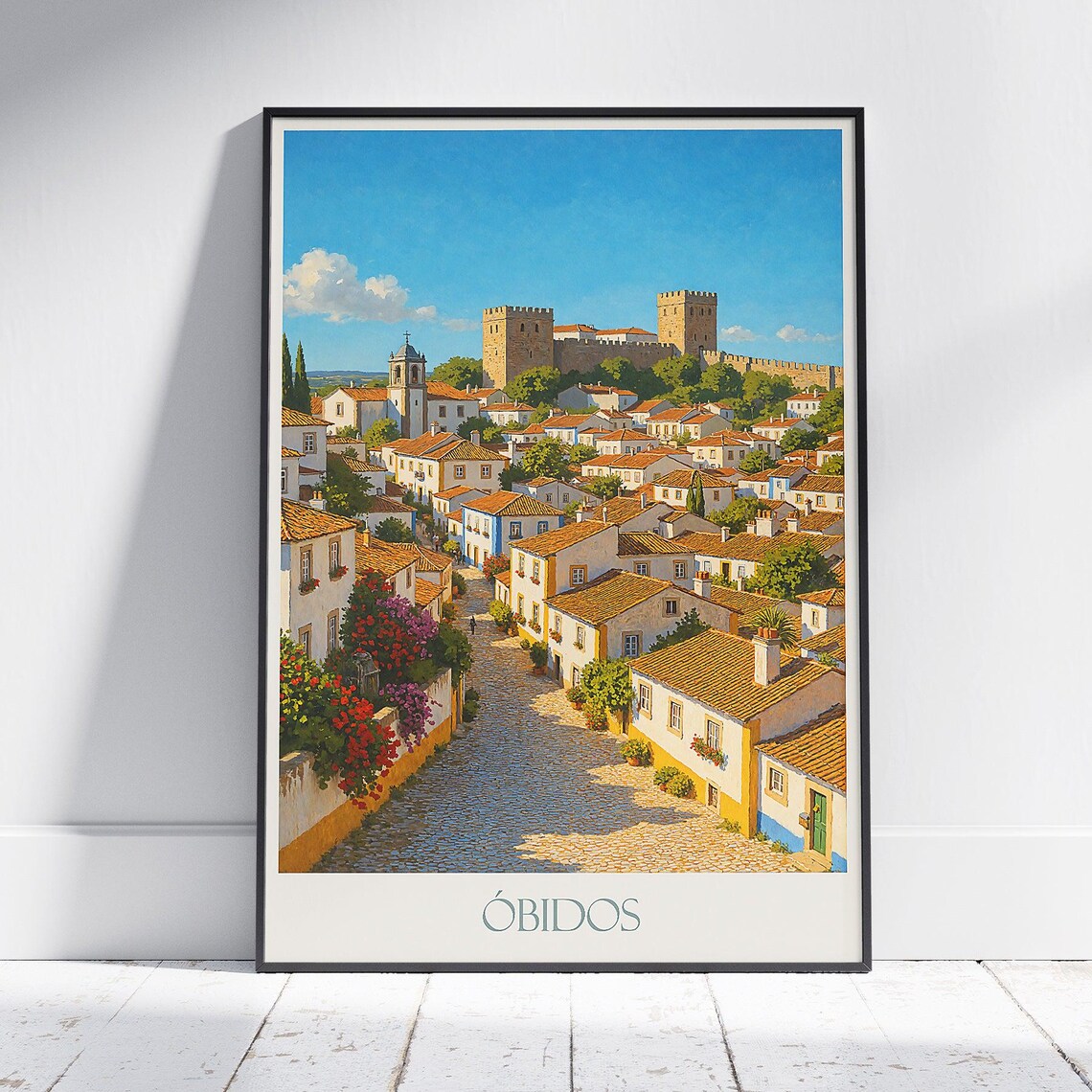 Obidos Portugal Walled Town Castle Cobblestone Street Travel Poster