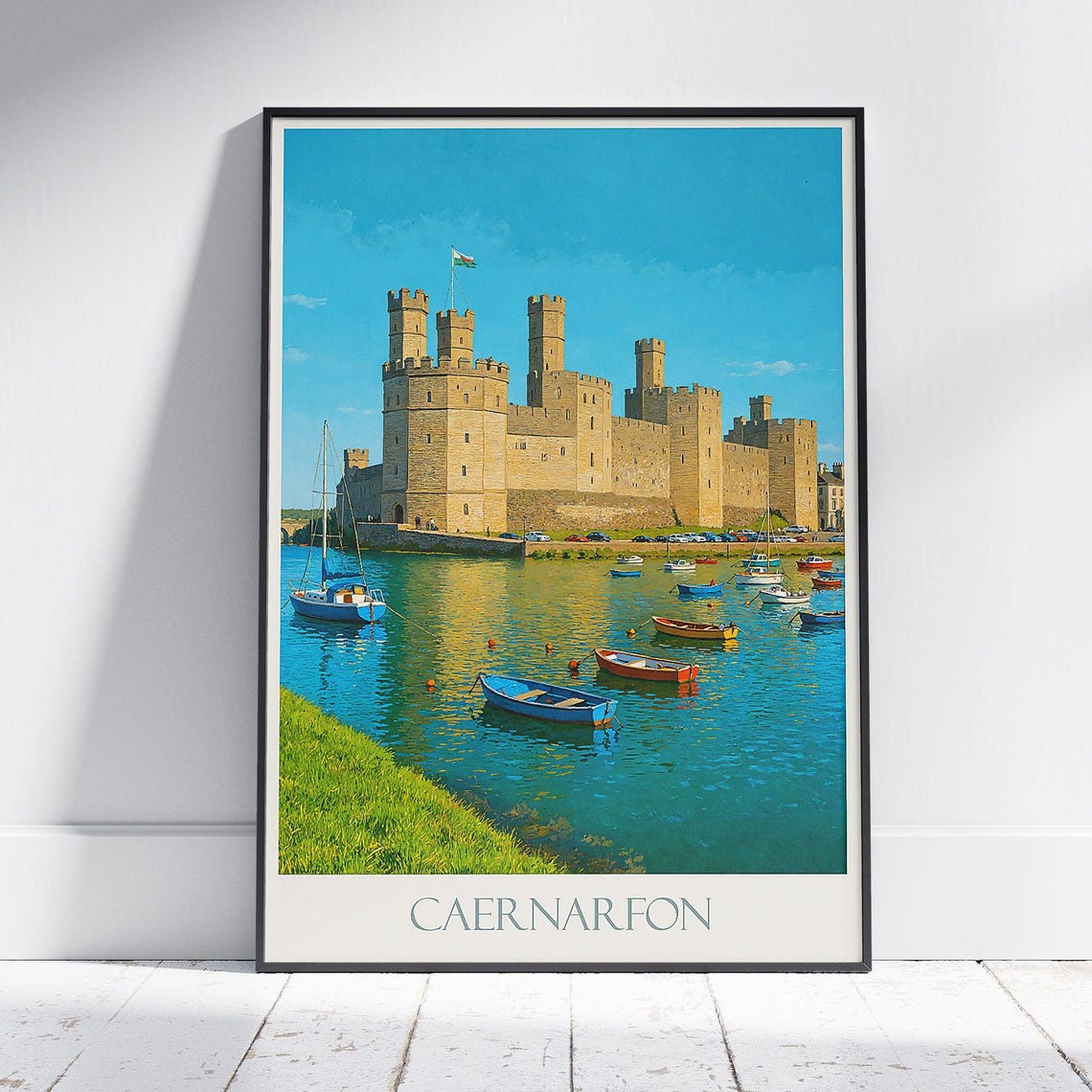 Caernarfon Castle Harbor Colorful Boats Welsh Landmark Travel Poster