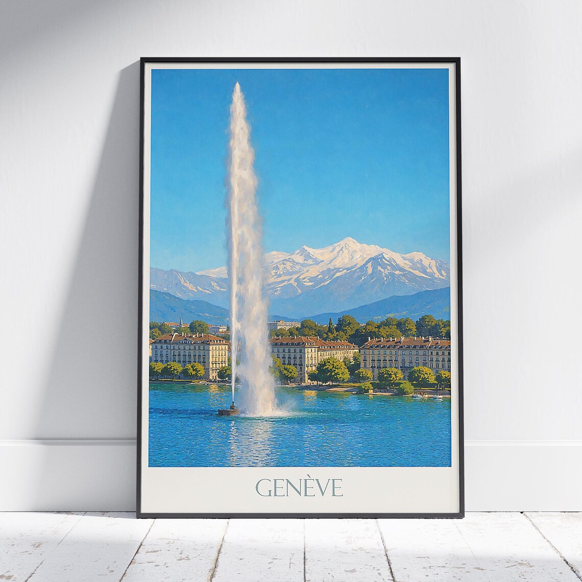 Geneva Switzerland Jet d'Eau Lake Mont Blanc Vintage Travel Poster