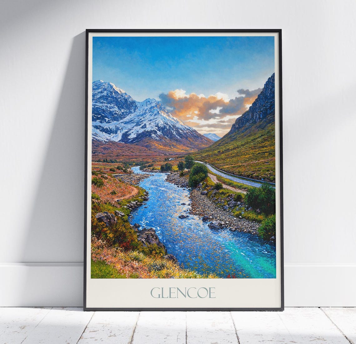 Glencoe Scotland Snow Mountain River Road Painted Travel Poster