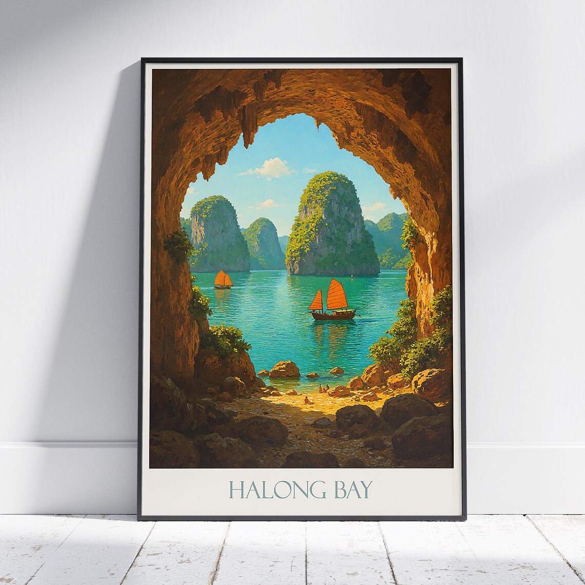 Halong Bay Vietnam Travel Poster with Cave View and Orange Sail Boats
