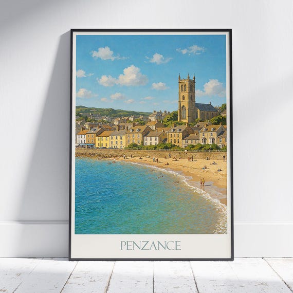 Penzance Travel Poster Cornwall Coastal Art Print Uk Seaside Wall Decor Vintage British Holiday Illustration