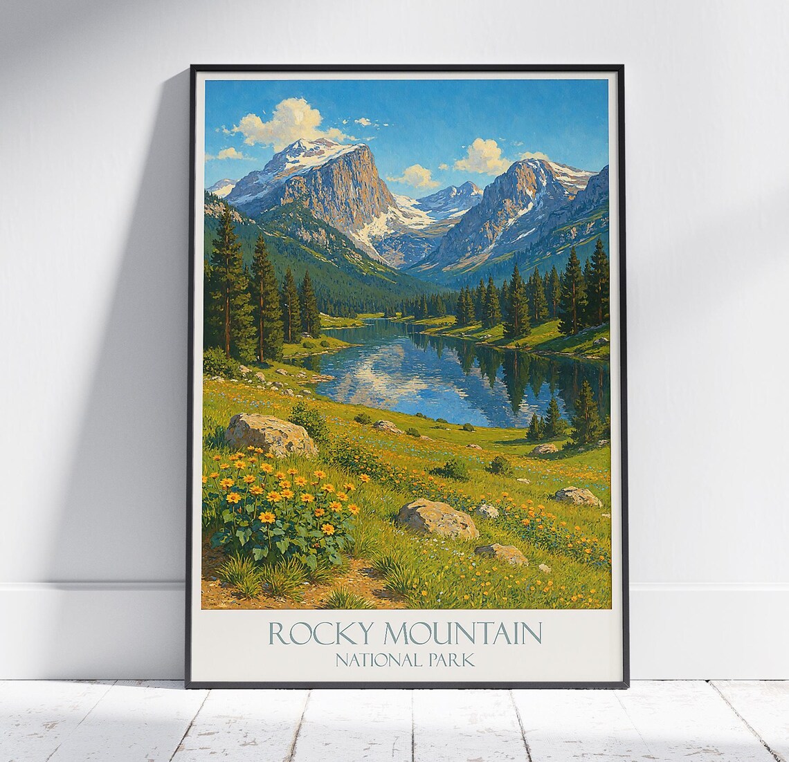 Rocky Mountain National Park Alpine Lake Snow Peaks Vintage Travel Poster