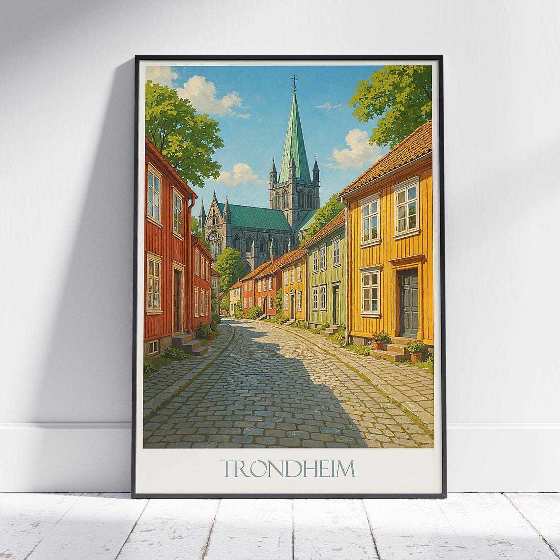 Trondheim Norway Colorful Houses Nidaros Cathedral Travel Poster