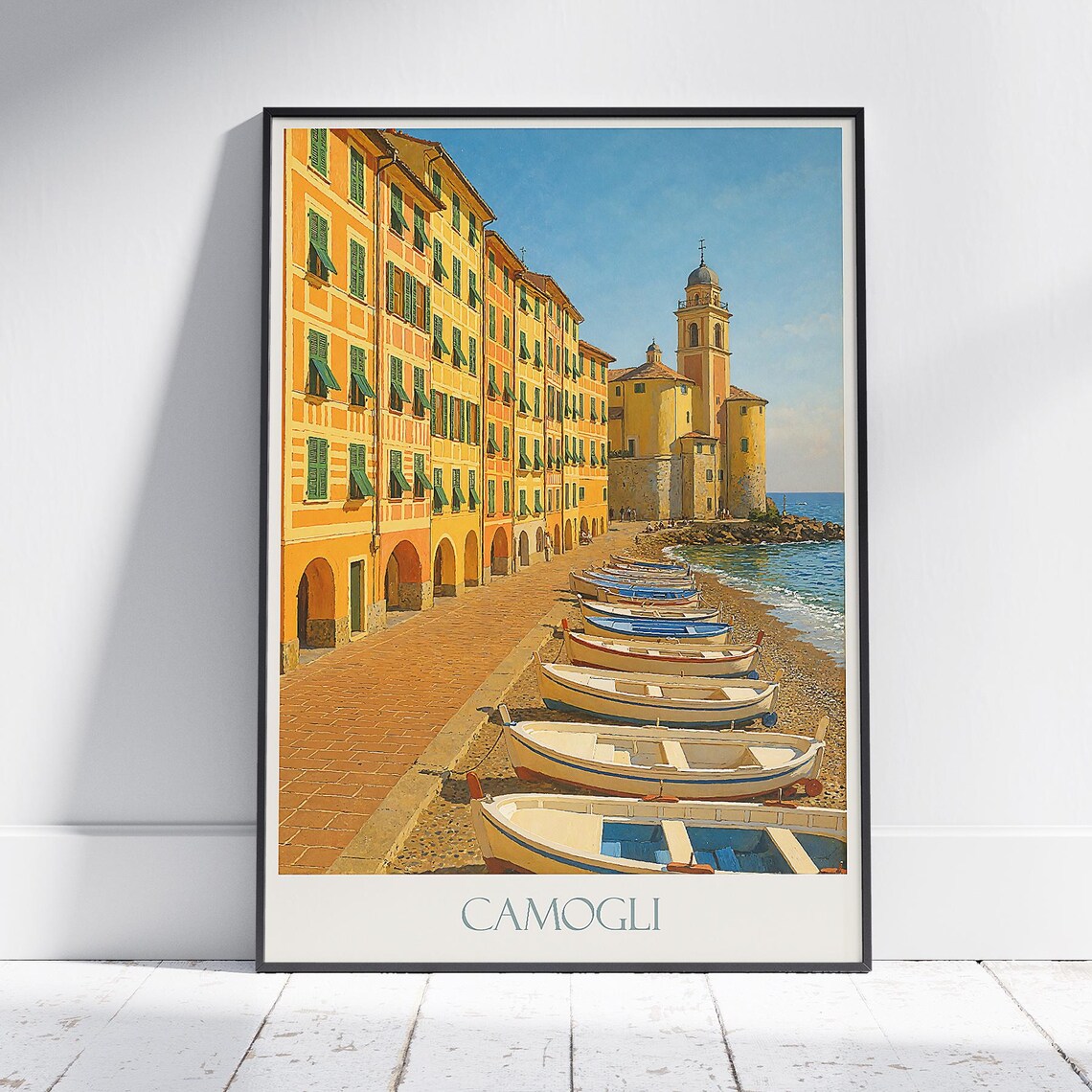 Camogli Italian Riviera Waterfront Boats Seaside Town Travel Poster