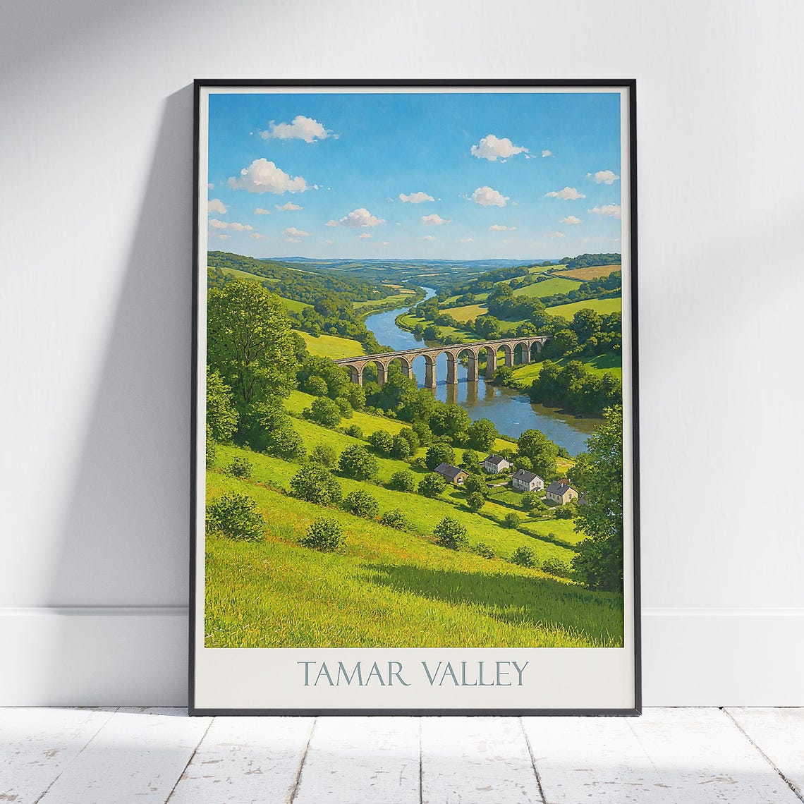 Tamar Valley Calstock Viaduct Rolling Green Hills Scenic Art Poster
