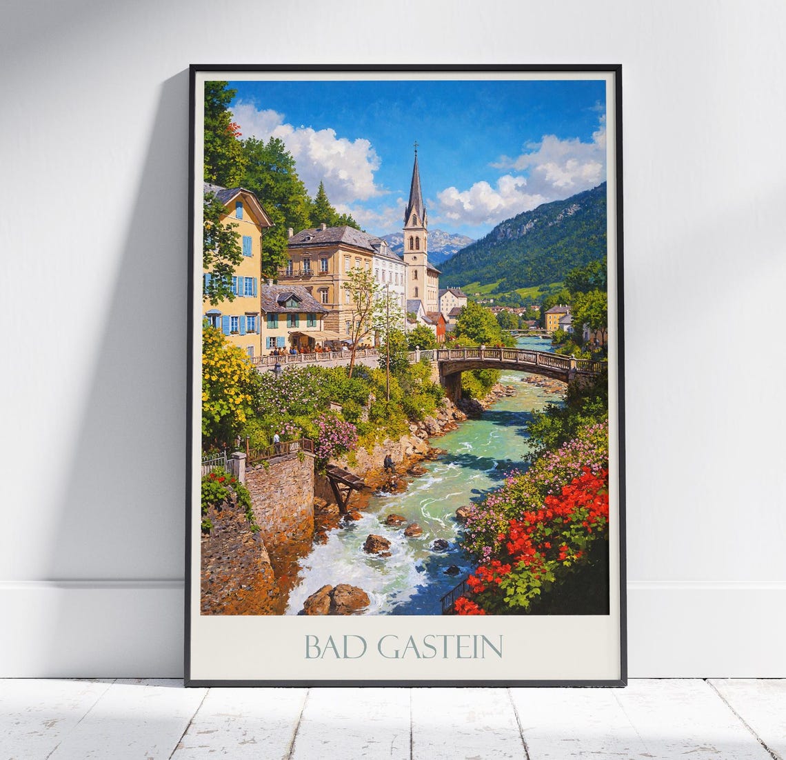 Bad Gastein Austria River Town Bridge Alpine Vintage Travel Poster