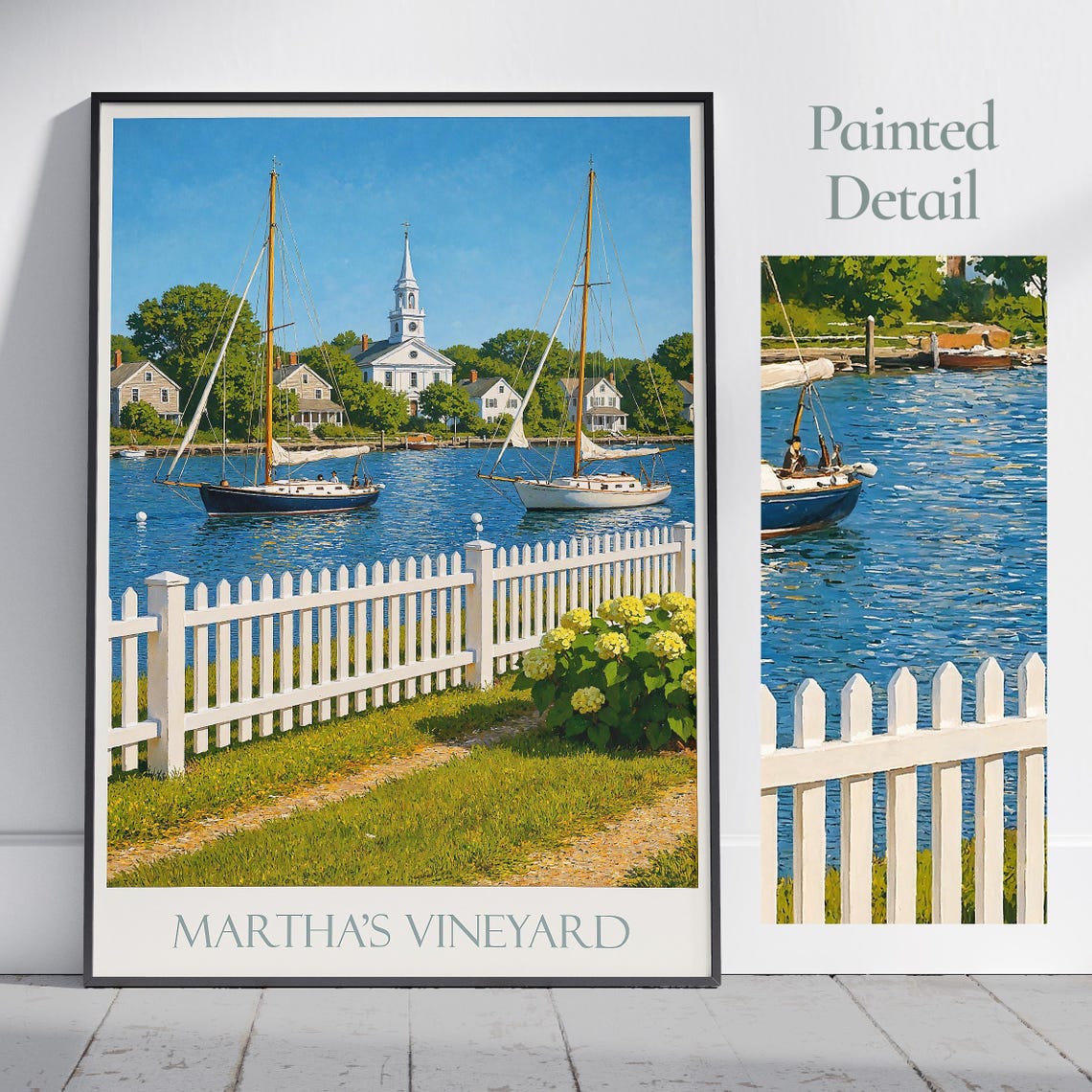 Marthas Vineyard Harbor Sailboats White Picket Fence Travel Poster