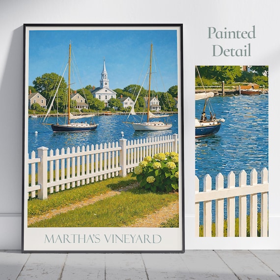 Marthas Vineyard Harbor Sailboats White Picket Fence Travel Poster