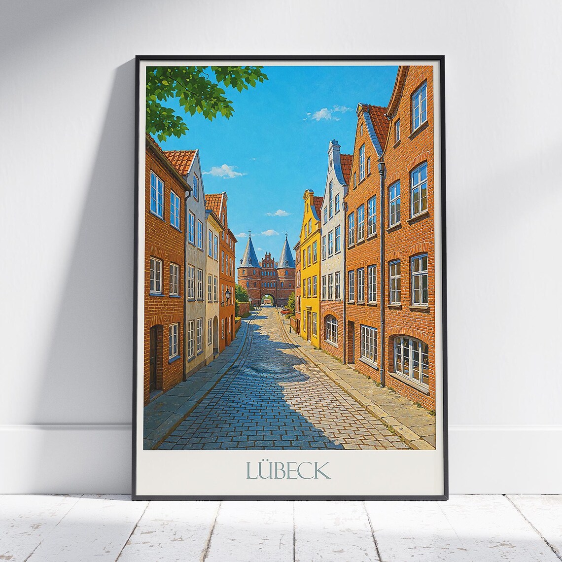 Lübeck Germany Old Town Cobblestone Street Scene Travel Poster