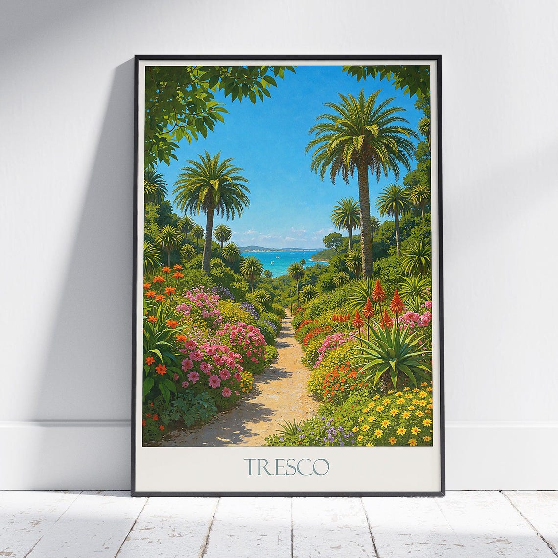 Tresco Isles of Scilly Abbey Garden Palm Path Flowers Ocean Poster