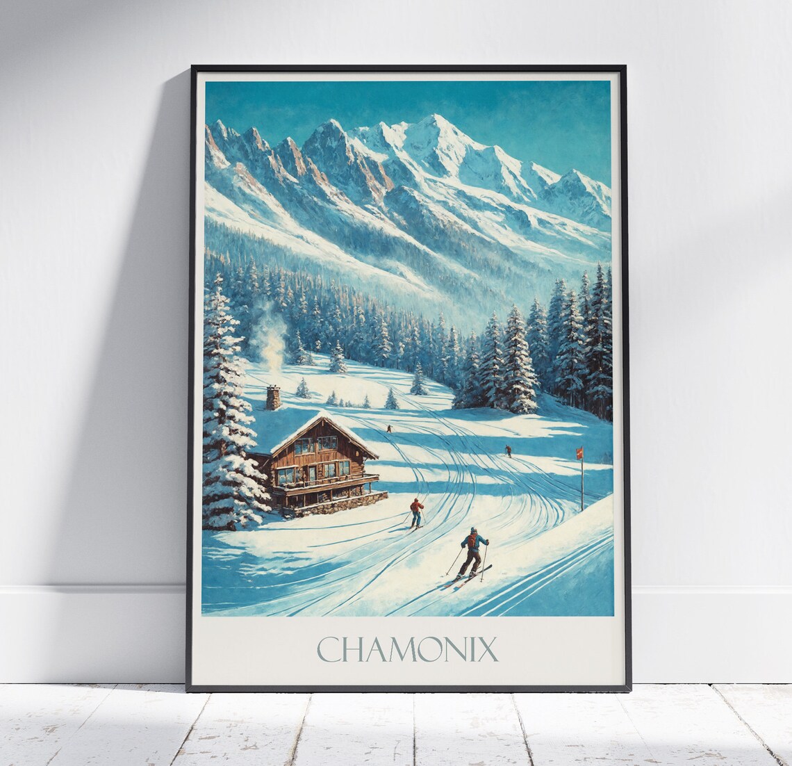Chamonix France Snowy Alpine Ski Resort Chalet Vintage Travel Poster