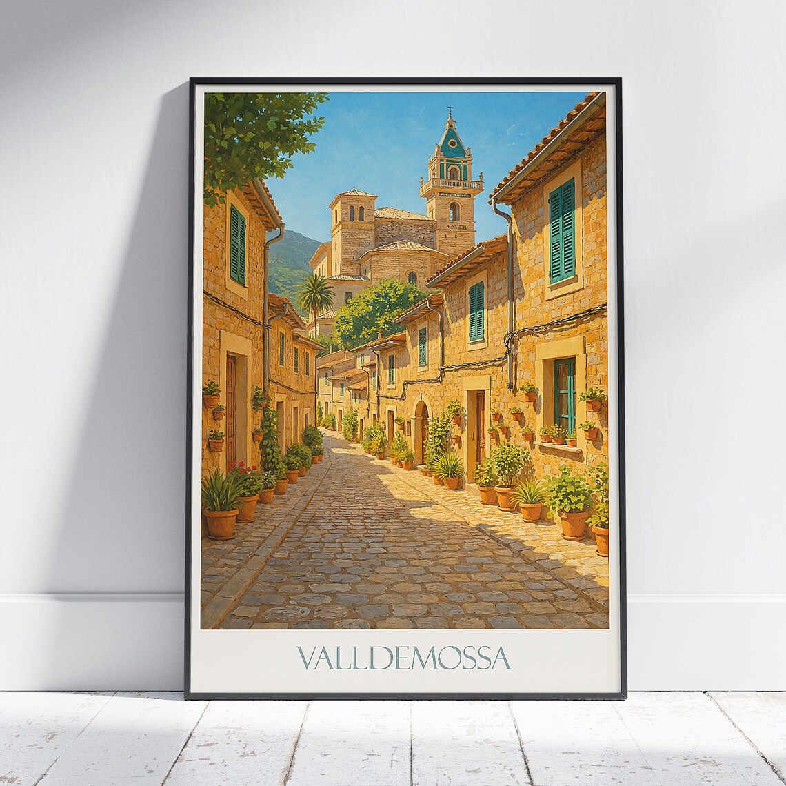 Valldemossa Mallorca Stone Street Church Tower Travel Poster Spain