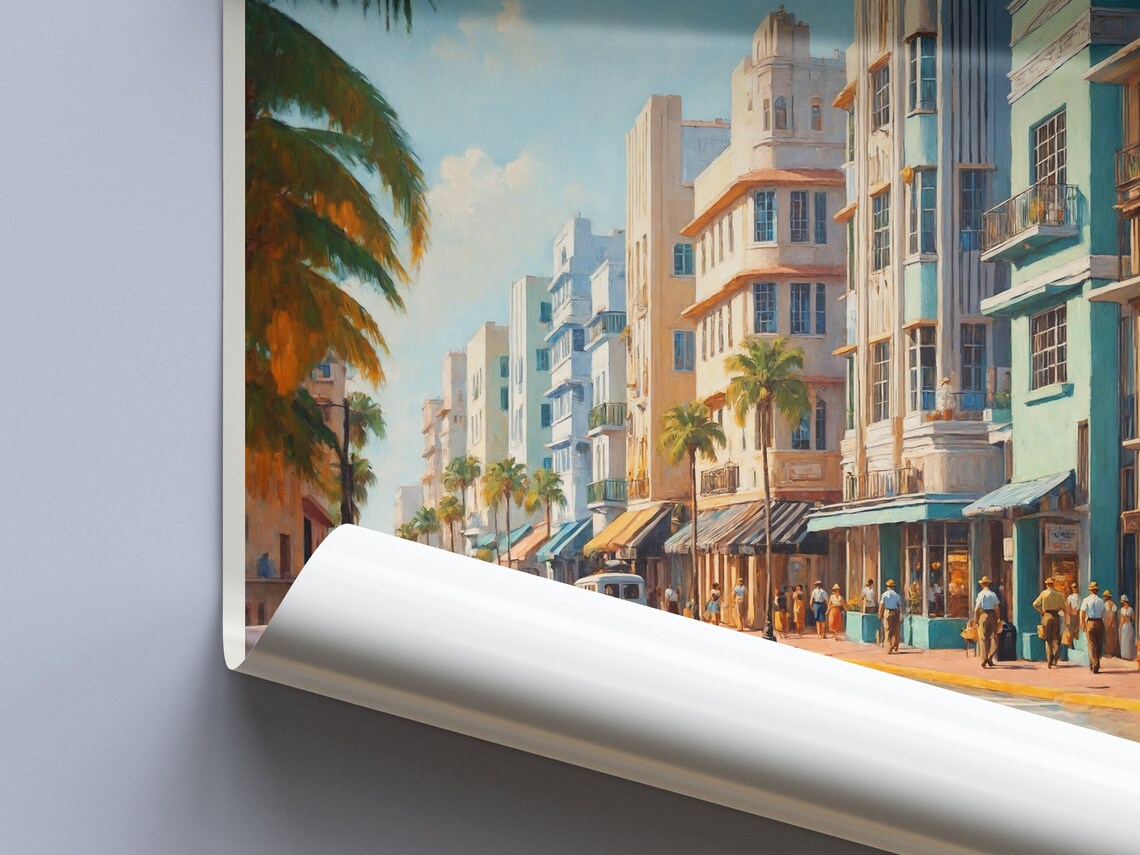 Miami Florida Art Deco Ocean Drive Palms Painted Vintage Travel Poster - Image 2
